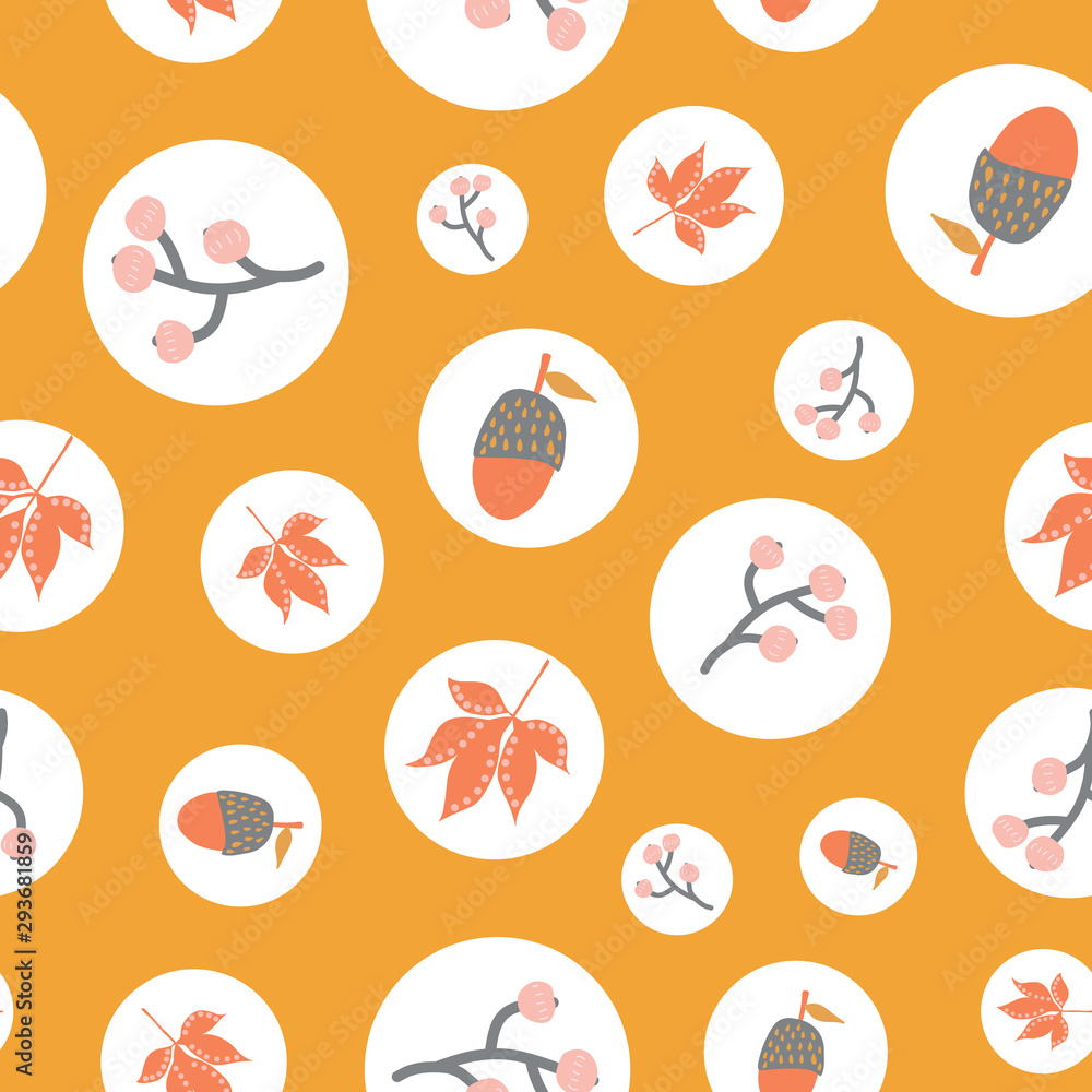 Scattered autumn elements in polka dots seamless vector background. Abstract fall pattern. Repeating texture Scandi leaves, acorn, maple, berry. Seasonal art for fabric, Thanksgiving, digital paper Scattered autumn elements in polka dots seamless vector background. Abstract fall pattern. Repeating texture Scandi leaves, acorn, maple, berry. Seasonal art for fabric, Thanksgiving, digital paper
