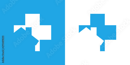 Icono plano cruz con casa en espacio negativo en fondo azul y fondo blanco