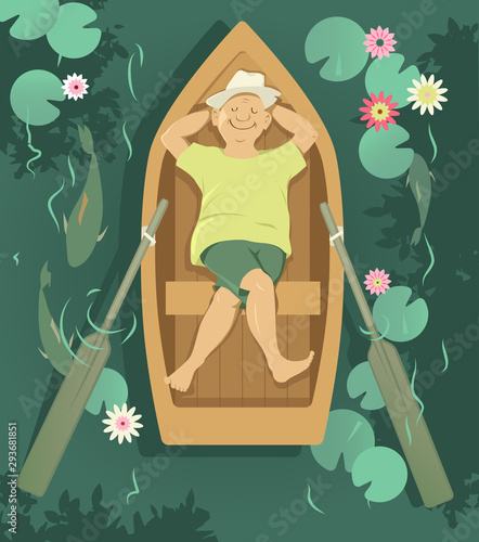 Senior man relaxing in a rowboat, drifting down a calm river,  EPS 8 vector illustration