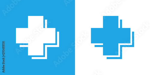 Símbolo asistencia sanitaria. Icono plano lineal cruz con sombra en fondo azul y fondo blanco photo