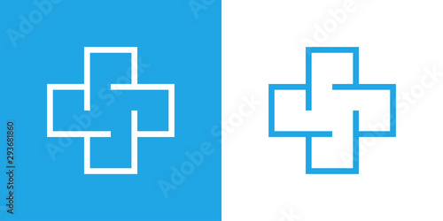 Símbolo asistencia sanitaria. Icono plano lineal cruz en fondo azul y fondo blanco