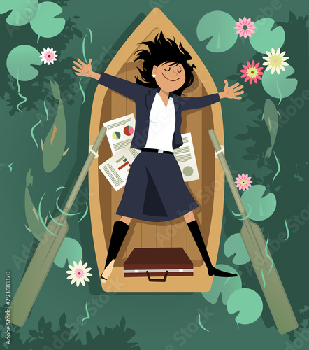 Business woman relaxing in a rowboat, taking a break from work, EPS 8 vector illustration