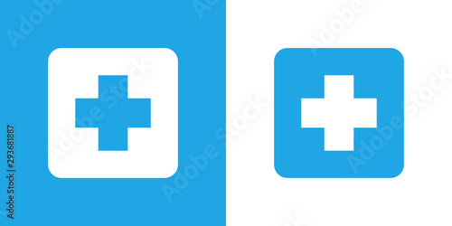 Logotipo con cuadrado con cruz en azul y blanco