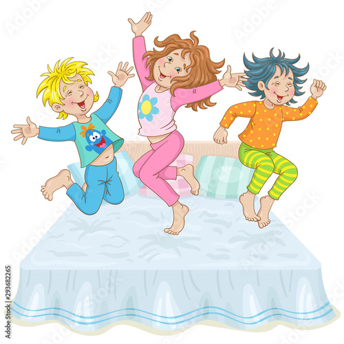 Pajama party. Three funny little child in pajamas are jumping on the bed. In cartoon style. Isolated on a white background.