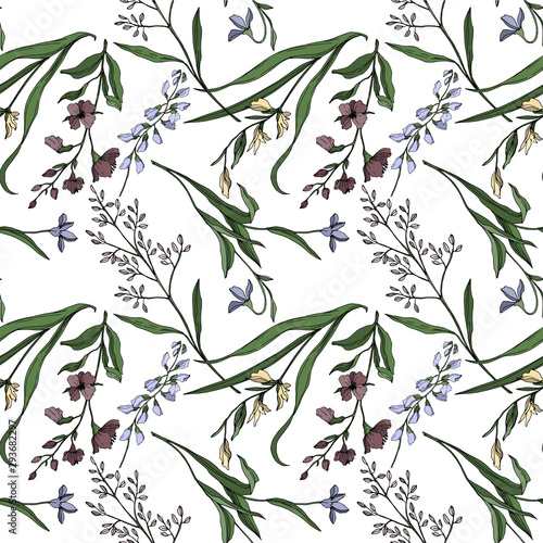 Vector Wildflower floral botanical flowers. Black and white engraved ink art. Seamless background pattern.