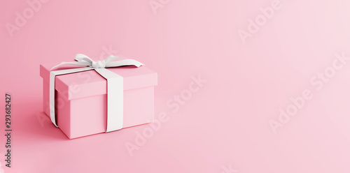 Mock-up poster, gentle millennial pink colored gift box with white bow on light pink background, 3D Render, 3D Illustration