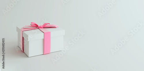Mock-up poster, gentle white colored gift box with millennial pink bow on white background, 3D Render, 3D Illustration