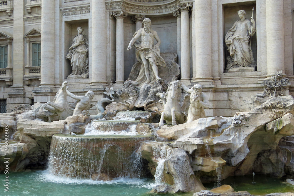 Closeup on the sculptures of the famous Baroque Trevi Fountain (Fontana di Trevi) in Rome, Italy, Europe