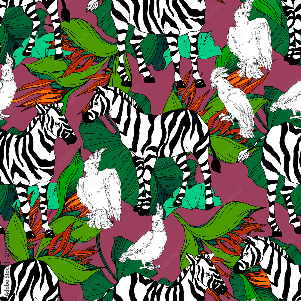 Vector Exotic zebra print wild animal isolated. Black and white engraved ink art. Seamless background pattern.