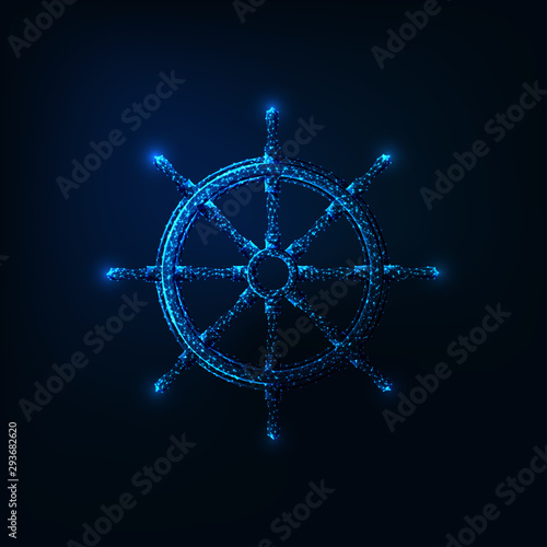 Futuristic glowing low polygonal ship wheel isolated on dark blue background.