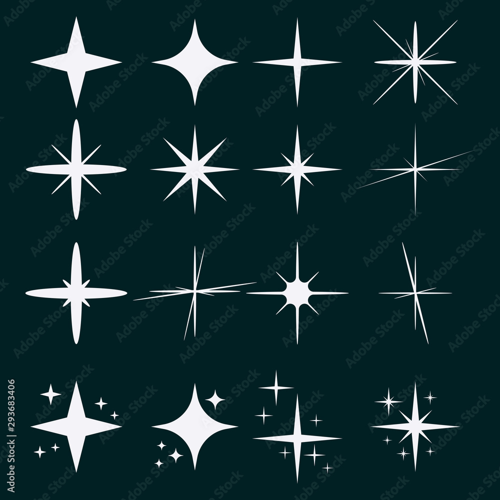 Vector set of sparkling stars. Sparks, flashes. Bright fireworks, brilliant flash.