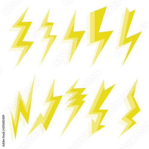 Thunder or lightning icons in flat style. Set of vector images.