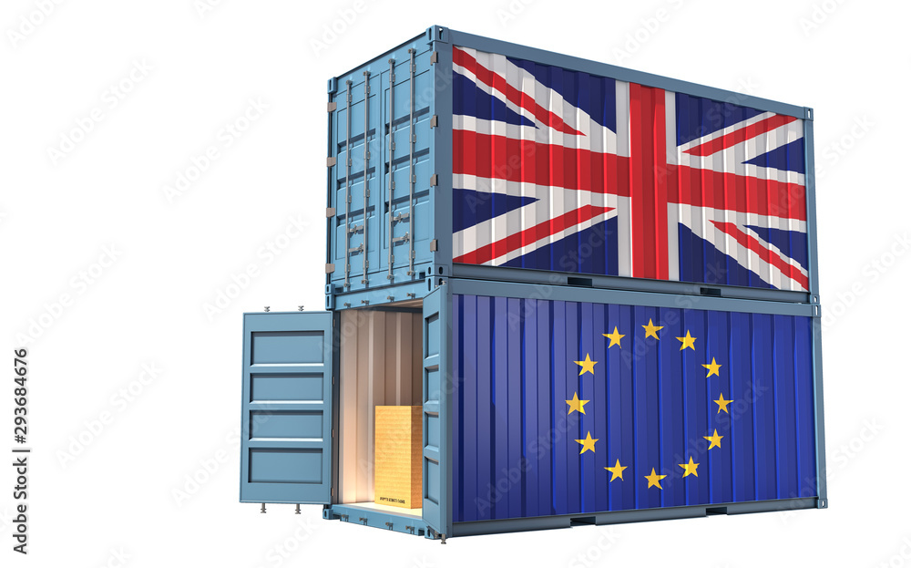 Two freight container with United Kingdom and Europe flag. Isolated on white - 3D Rendering Two freight container with United Kingdom and Europe flag. Isolated on white - 3D Rendering