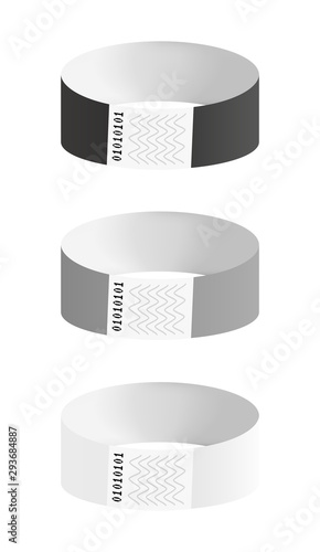 Vector set of black, gray and white cheap empty bracelets or wristbands. Sticky hand entrance event paper bracelet isolated on white. Templates or mock-ups suitable for various uses of identification.