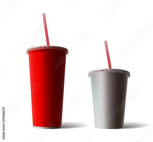 Vector Set of Blank Big Small Red and White Paper Cardboard Cups For Tea Coffee Soda Cola Soft Drinks with Tube Straw Isolated on White Background. Fast Food