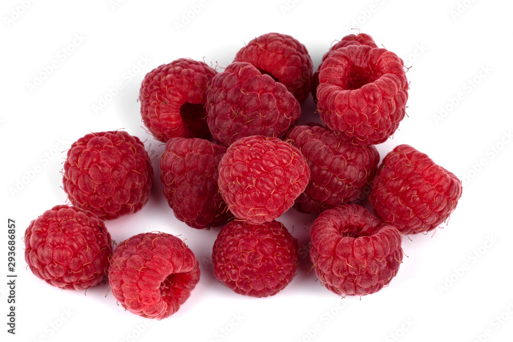 thirteen ripe, picked berries of raspberries, red, with villi, closeup isolated on a white background thirteen ripe, picked berries of raspberries, red, with villi, closeup isolated on a white background