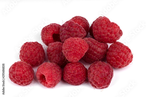 thirteen berries of ripe raspberries, saturated red on a white background, highlighted in close-up