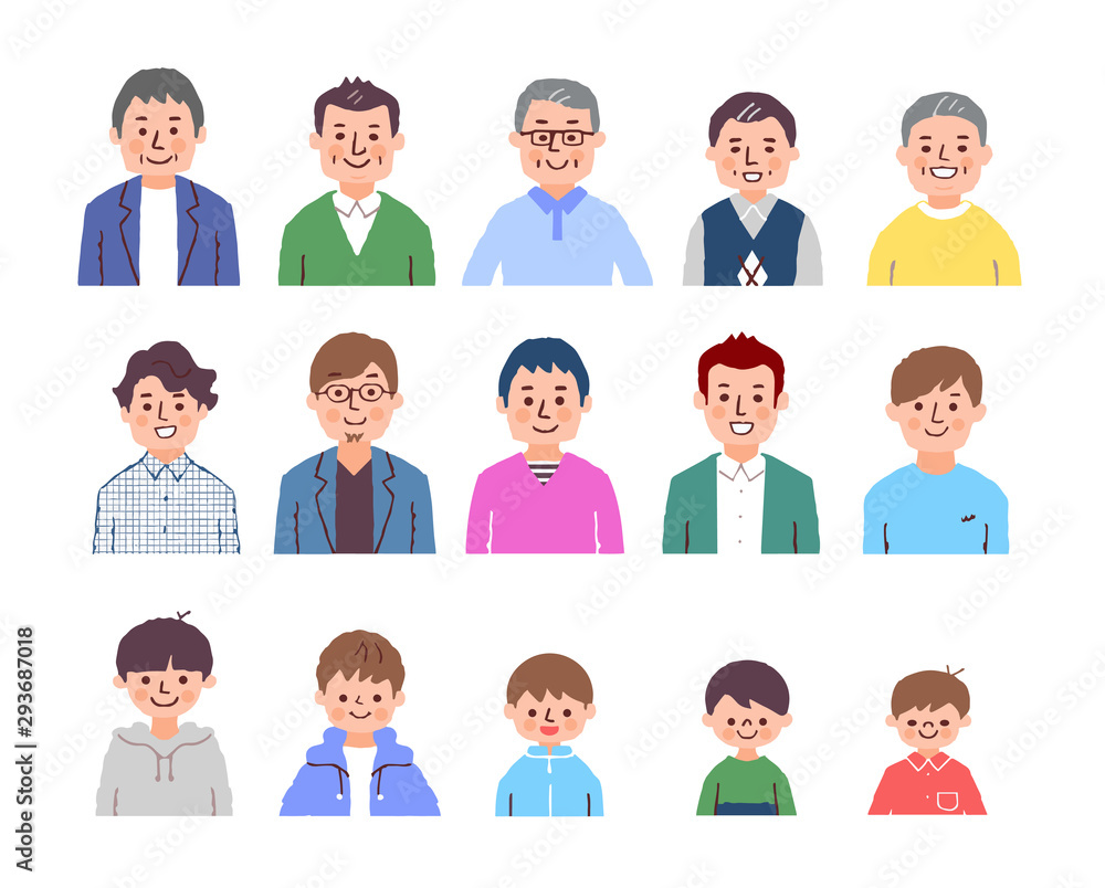 男性　いろいろな世代　上半身　カラー