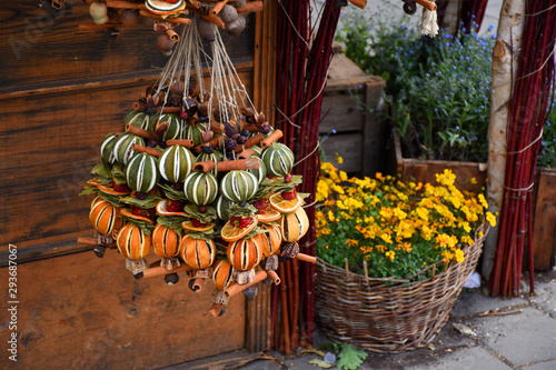 Vendors selling decorations on an advent street market photo