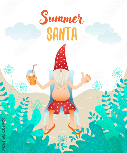 Cute christmas tanned character on the beach behind the foliage. Smiling Santa Claus sitting in chaise longue holds cocktail in shorts, flip-flop sandals and hat. Vector illustration, flat design