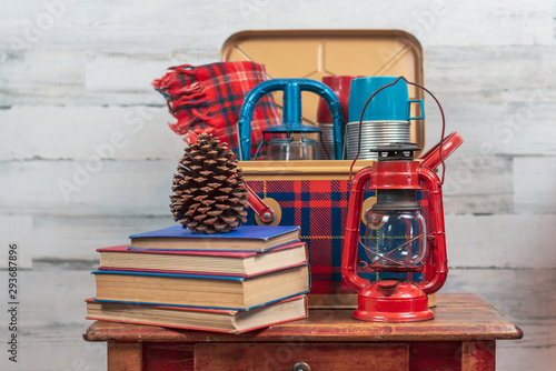 Retro picnic items and vintage books in red and blue