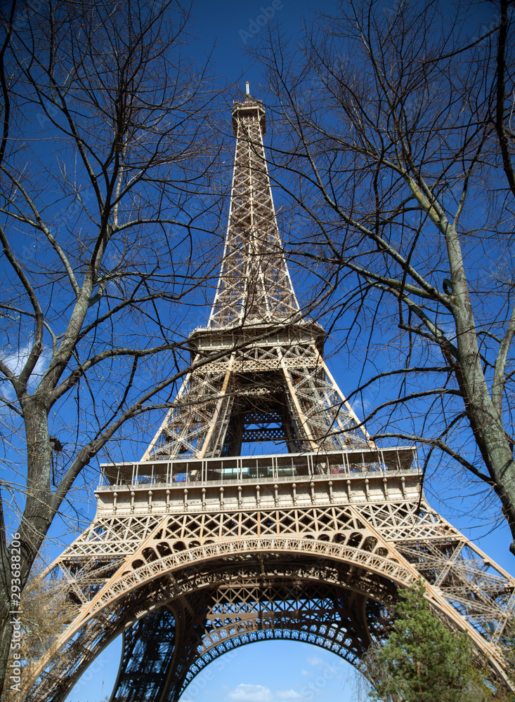 Eiffel Tower in sunny spring day on blue sky, Paris, France