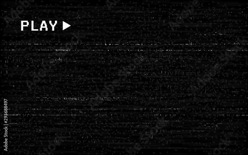 Glitch VHS effect. Old camera template. White horizontal lines on black background. Video rewind texture. No signal concept. Random abstract distortions. Vector illustration photo