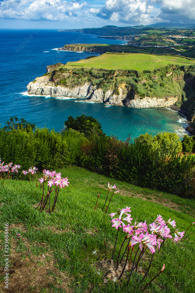breathtaking view of coastline from Santa Iria viewpoint on the Island of Sao Miguel, Azores, Portugal
