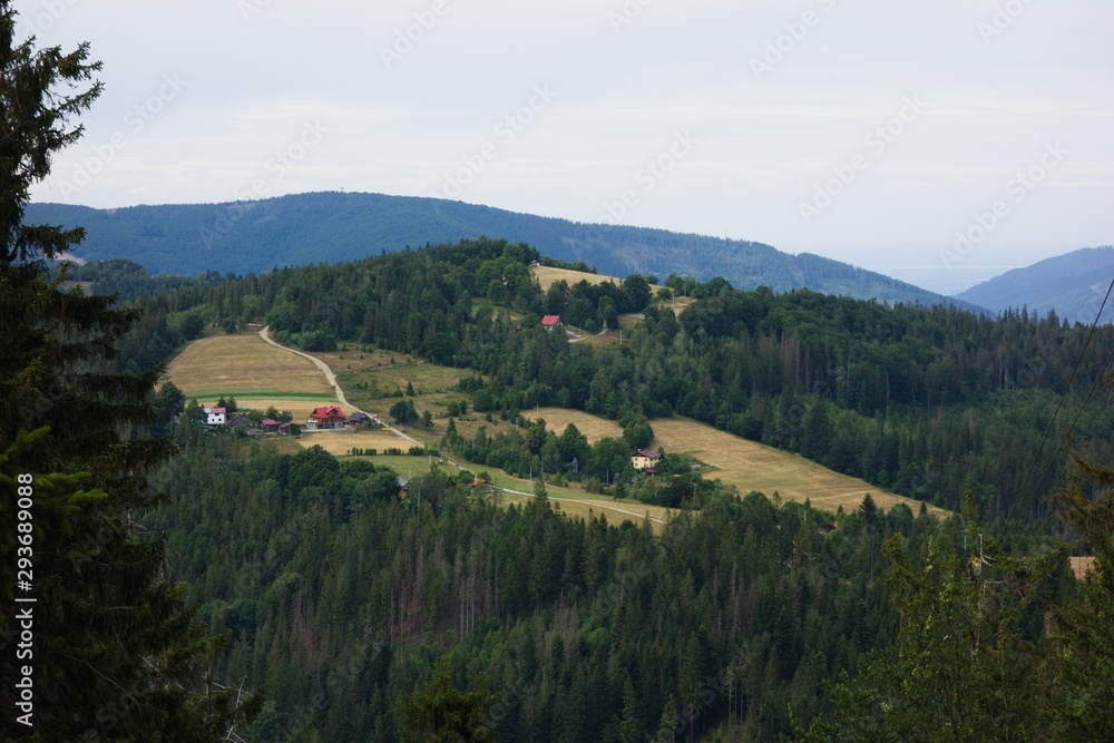 Landscape scenery in Silesian Beskids during summer. View from Big Stozek mountain to Small Stozek mountain in Poland near border with Czech republic.
