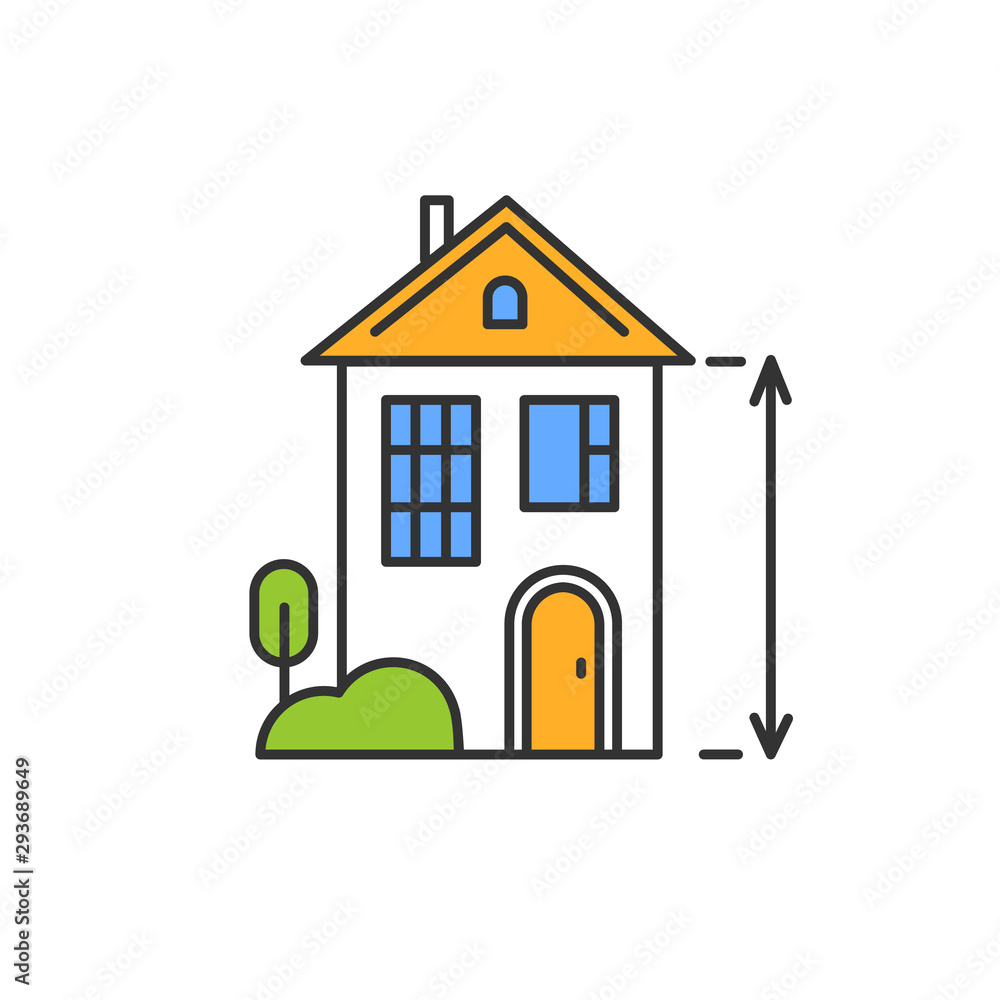 High ceilings house color icon. Building height measurement. Two storey home exterior. Townhouse facade. Modern cottage, townhome. Isolated vector illustration High ceilings house color icon. Building height measurement. Two storey home exterior. Townhouse facade. Modern cottage, townhome. Isolated vector illustration