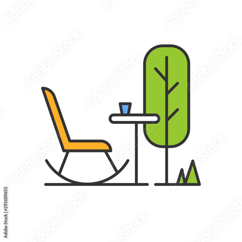 Outdoor space color icon. Rocking chair with table in garden. Patio furniture. Terrace outdoor furnishing for outside relax and leisure. Isolated vector illustration