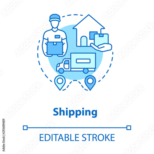 Shipping blue concept icon. Logistics and distribution idea thin line illustration. Transportation service. Courier delivering parcel to home. Vector isolated outline drawing. Editable stroke