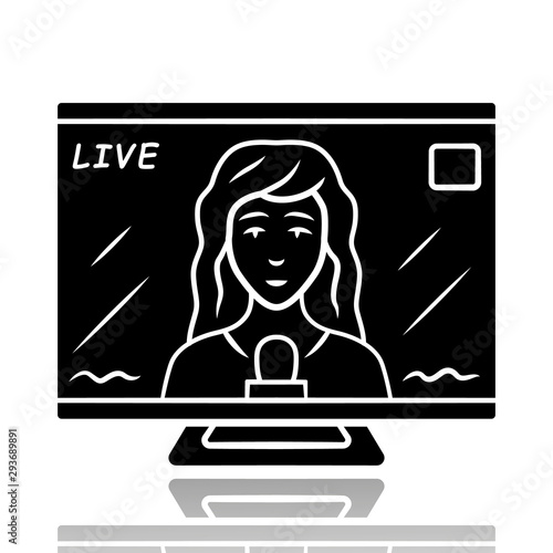 Reporter woman on TV drop shadow black glyph icon. Female journalist reporting breaking news live. Newscast. Newswoman on TV screen. Isolated vector illustration