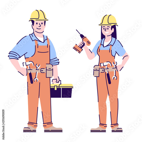 Carpenters flat vector characters. Repairman, female construction workers, handyman with tools cartoon illustration isolated on white. Home maintenance, and repair service workers couple with outline