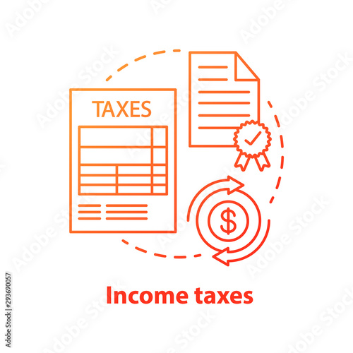 Income taxes red concept icon. Paying revenue fee to government budget idea thin line illustration. Business taxation document. Filing and accounting earnings tax. Vector isolated outline drawing
