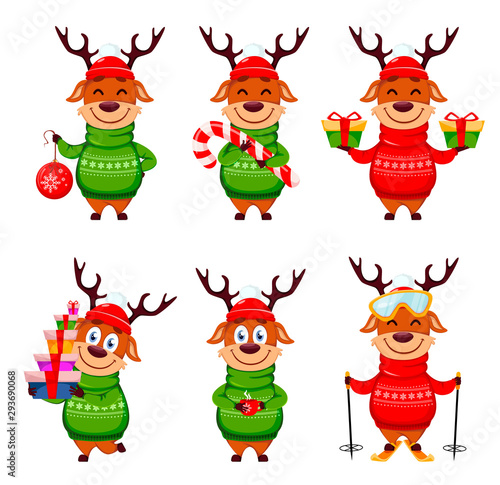 Merry Christmas. Funny reindeer, set of six poses
