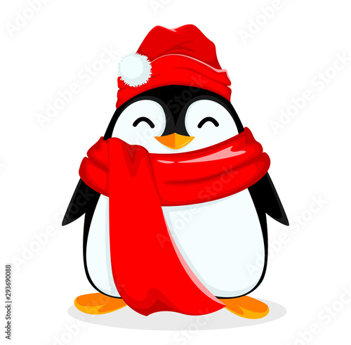 Cute little penguin wearing warm hat and scarf