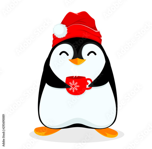Cute little penguin with a cup of hot tea