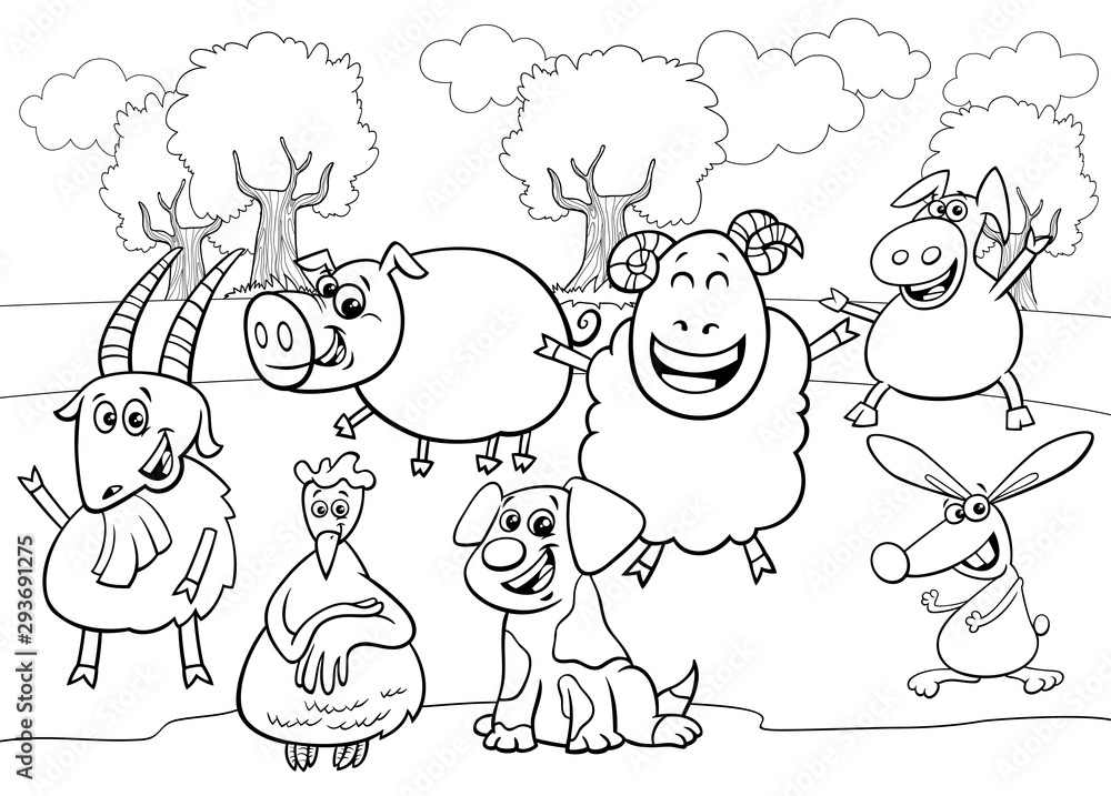 black and white cartoon farm animal characters group black and white cartoon farm animal characters group