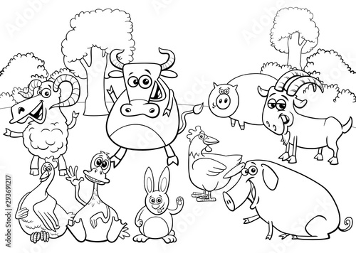 black and white cartoon farm animal characters group