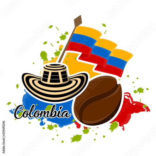 Flag of Colombia, coffee bean and sombrero vueltiao. Representative image of colombia - Vector photo