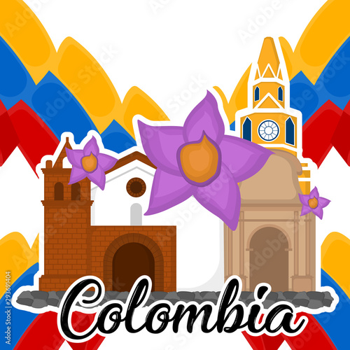 Church building with flagas and flowers. Representative image of colombia - Vector