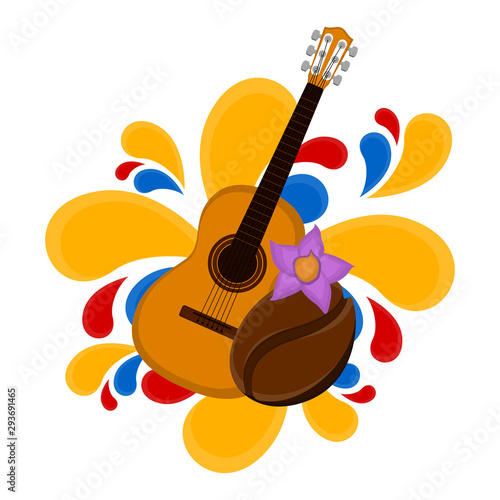 Guitar wit coffe bean and colored splash. Representative image of colombia - Vector