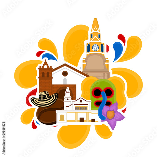 Church building with a hat and marimonda mask. Representative image of colombia - Vector