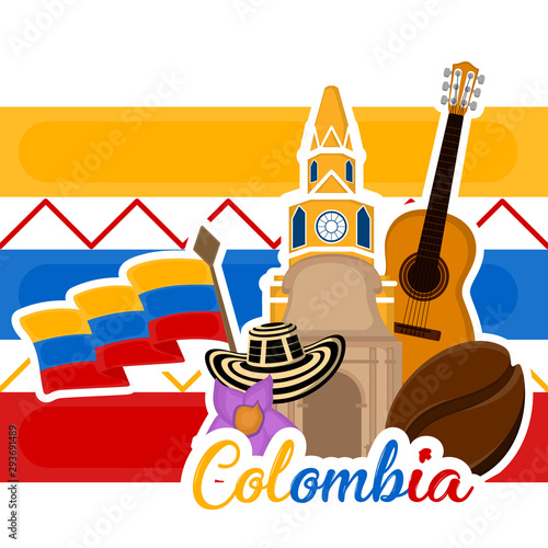 Church building with a flag, hat, coffee bean and guitar. Representative image of colombia - Vector