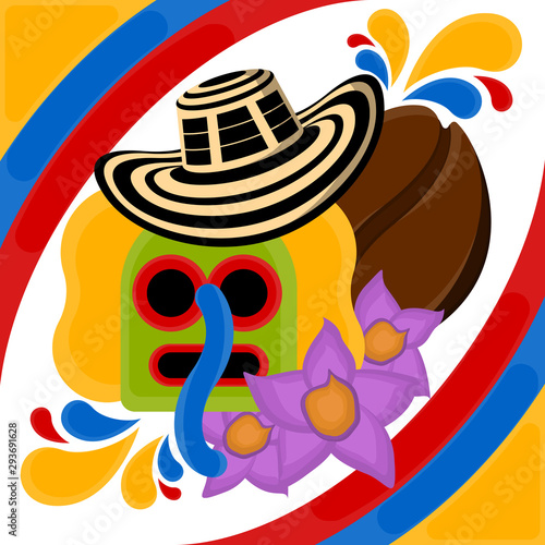 Marimonda mask with a sombreo vueltiao, coffee bean and flowes. Representative image of colombia - Vector photo