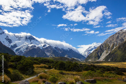 view of Mount Cook and surrounding mountains from Aoraki Mount Cook Village