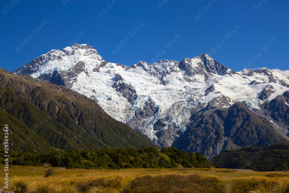 view of Mount Cook and surrounding mountains from Aoraki Mount Cook Village