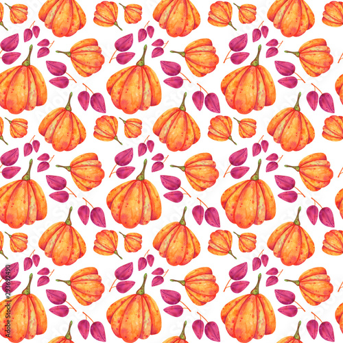Autumn seamless pattern of bright watercolor elements. Suitable for fabrics, textiles, paper, cards and design