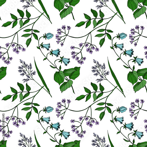 Vector Wildflowers floral botanical flowers. Black and white engraved ink art. Seamless background pattern.